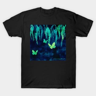 Wisteria and Butterflies Negative Painting Blue and Green T-Shirt